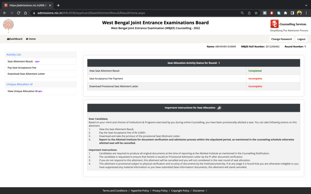 WBJEE Seat Allotment : Result , Documents , Reporting , Centres 2023-2024 4 Screenshot 2022 09 07 at 6.12.08 PM