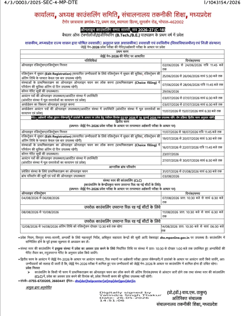 DTE MP Counselling ( MP BE ) : Dates , Registration , Cutoff, Documents , Top college 2026-2027 3 MP DTE B.Tech/B.E. Counselling Schedule 2026-27 Released