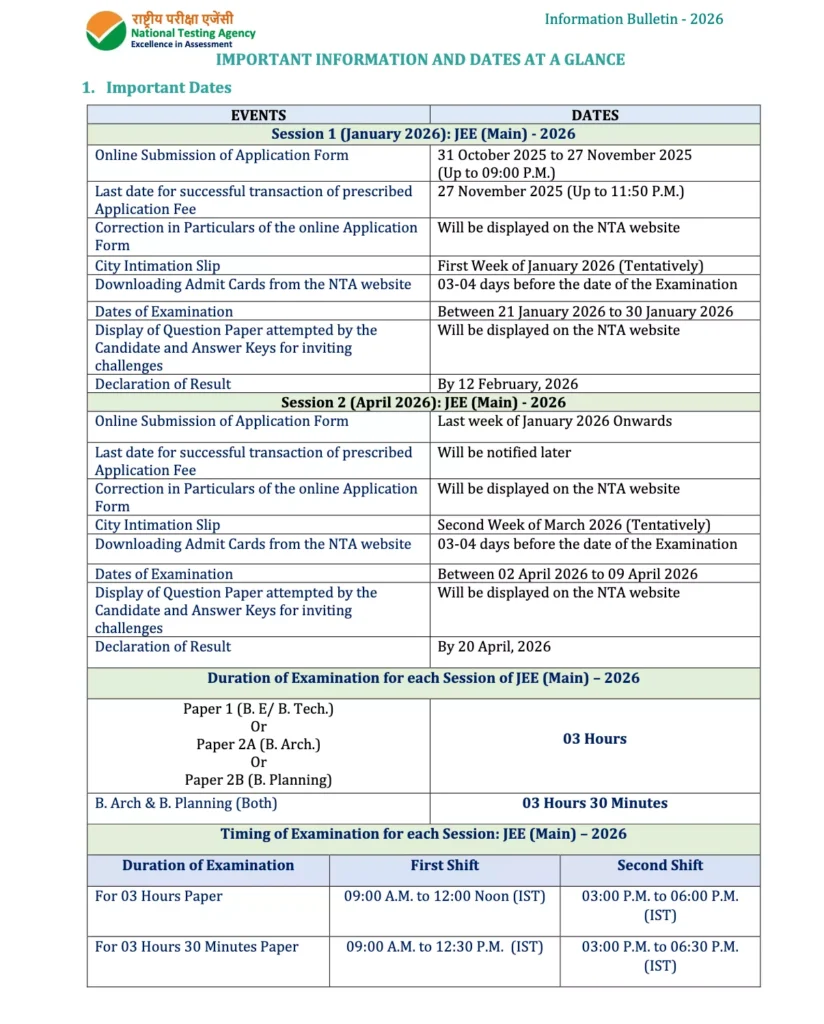 JEE Main 2026 Exam Date / Schedule - JAN / APRIL